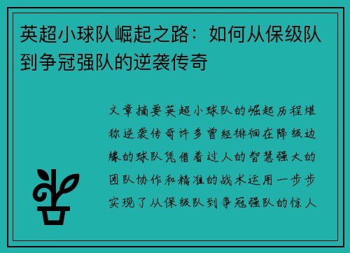 英超小球队崛起之路：如何从保级队到争冠强队的逆袭传奇